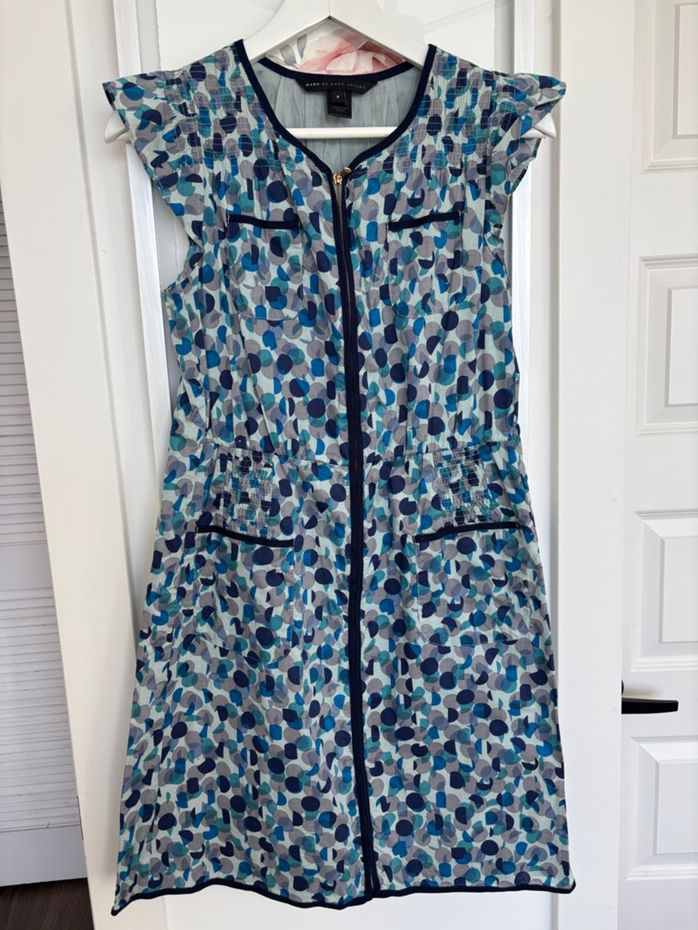 Designer Marc by Marc Jacobs Blue Teal Polka Dot Zip Front Midi Dress Trendy Hip